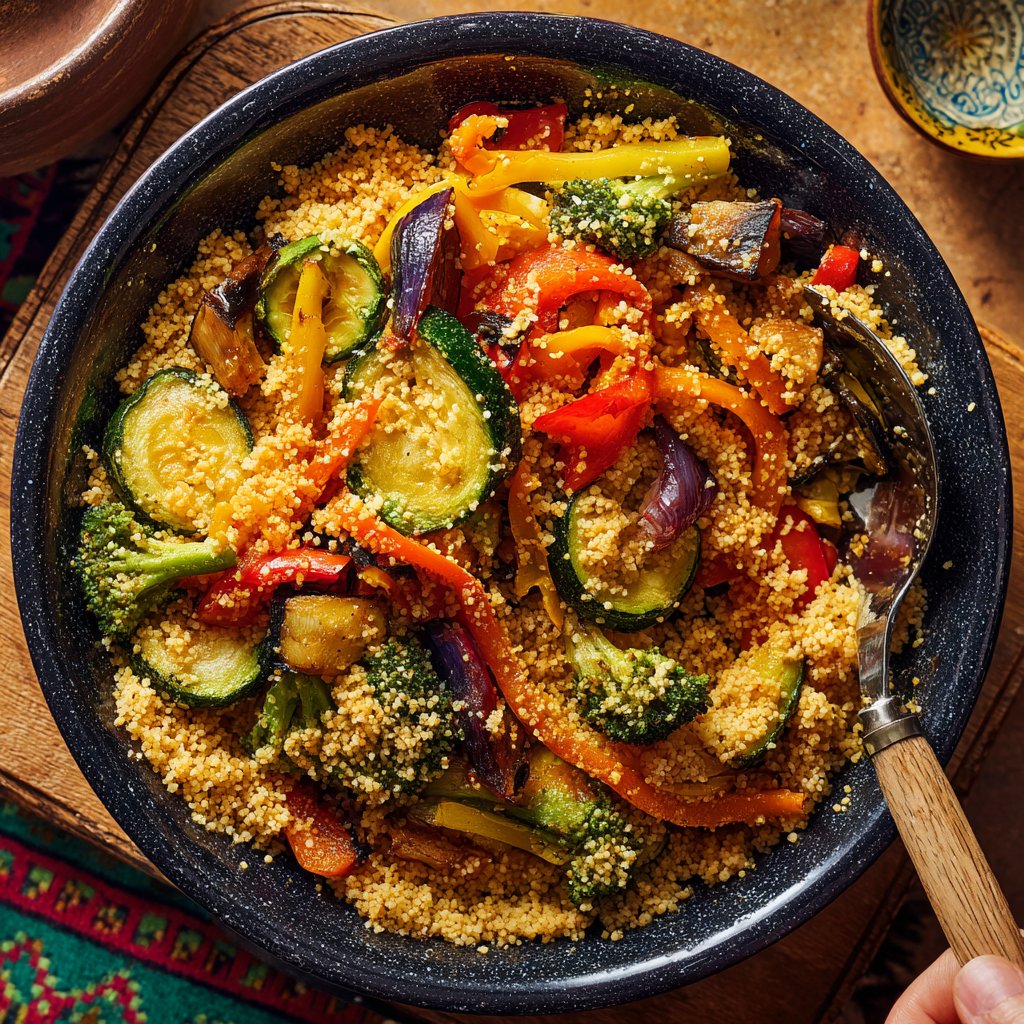 Mittagessen mit Bulgur und Ofengemüse